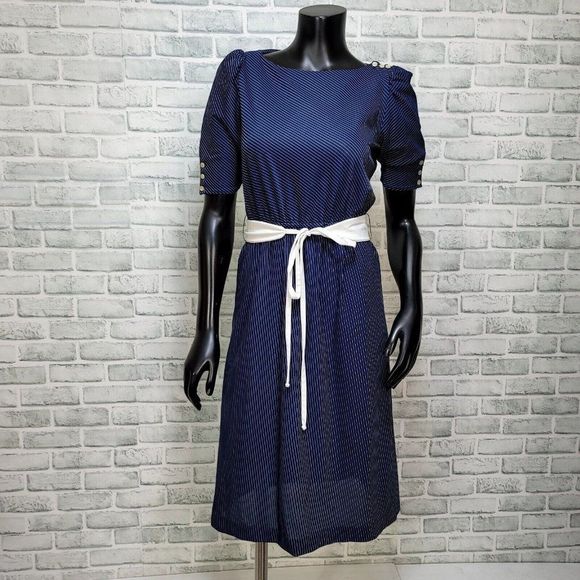 Vintage Dresses & Skirts - Vintage 70s Sally Lou Womens S Half  Sleeve Semi Sheer Navy‎ Striped Day Dress
